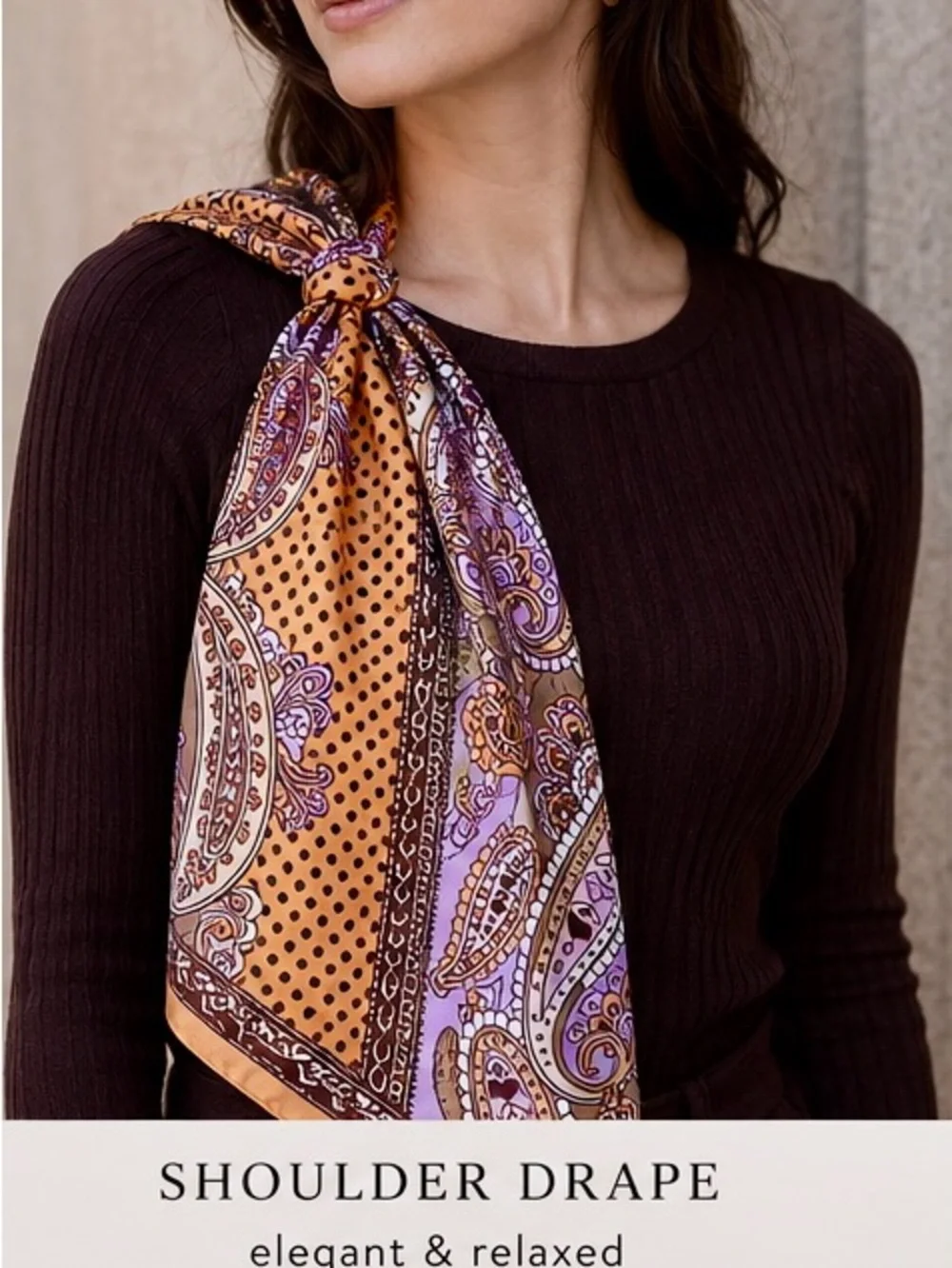 Silk Printed Scarf in Orange, Purple & Brown